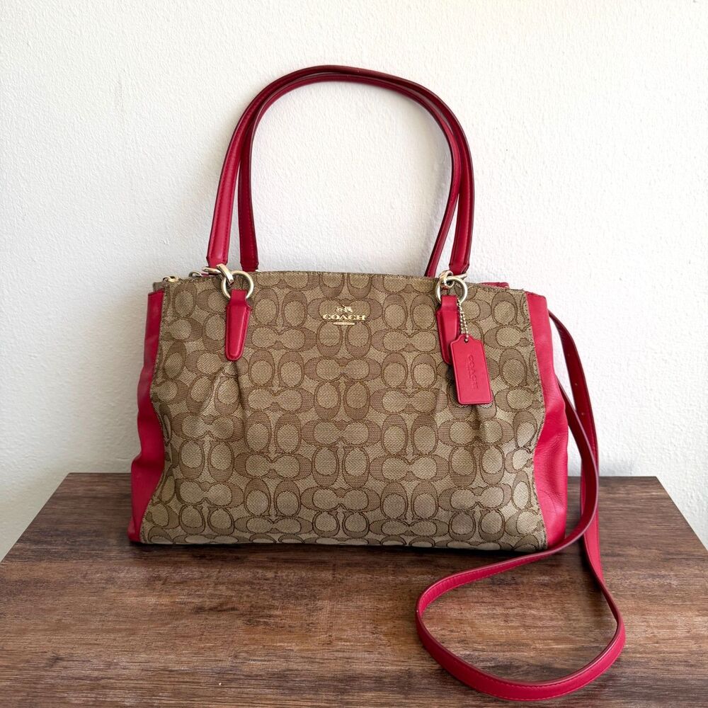 Coach Stanton Carryall Signature Canvas Khaki Red Tote Bag Crossbody Strap Y2K
